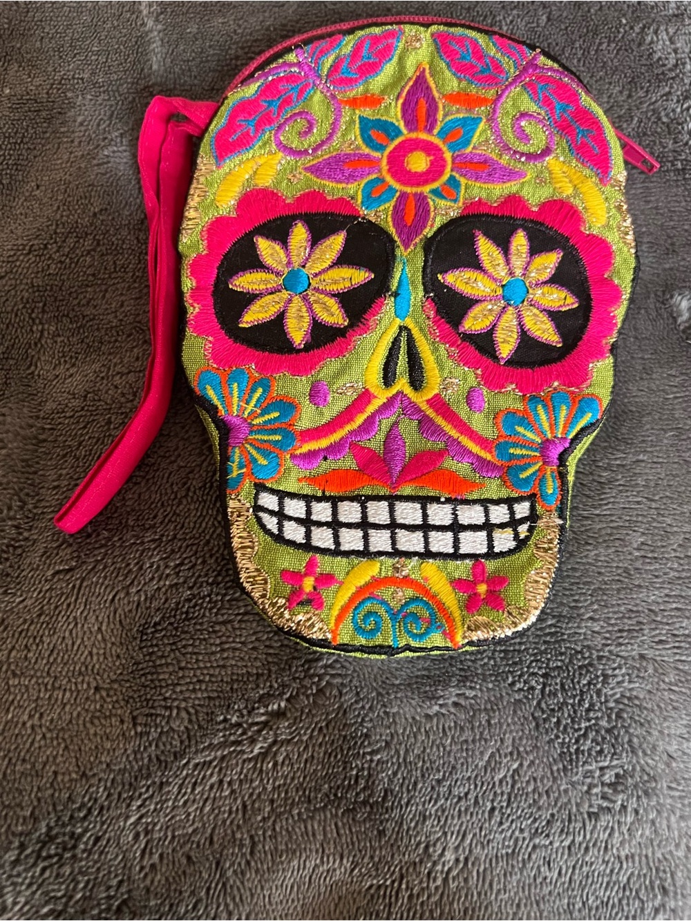 Embroidered Day of the Dead Sugar Skull Wristlet - Hot Pink & Multicolor Silk